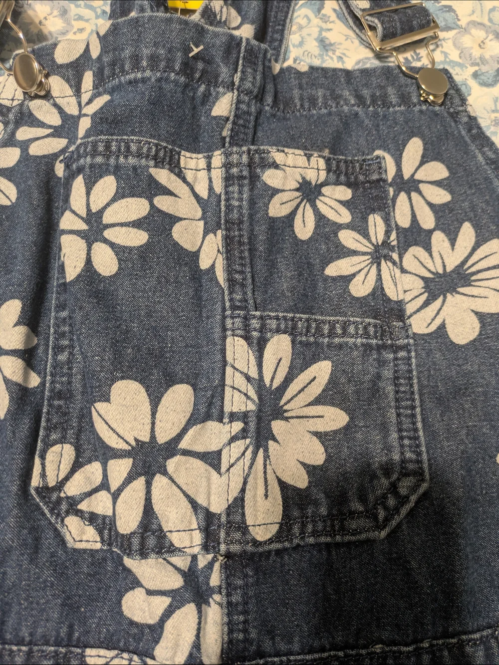 Women's Blue Floral Denim Bib Overalls - Barrel Leg - Picture 4 of 8